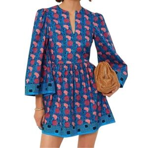 Tuckernuck NWT Women’s Size XS Blue Red Retro Floral Izzie Mini Split Neck Dress